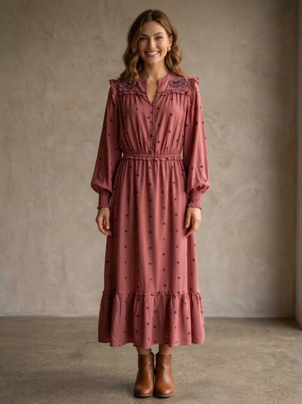 Farmers Market Long-Sleeve Maxi Dress in Dusty Rose with Smocked Cuffs